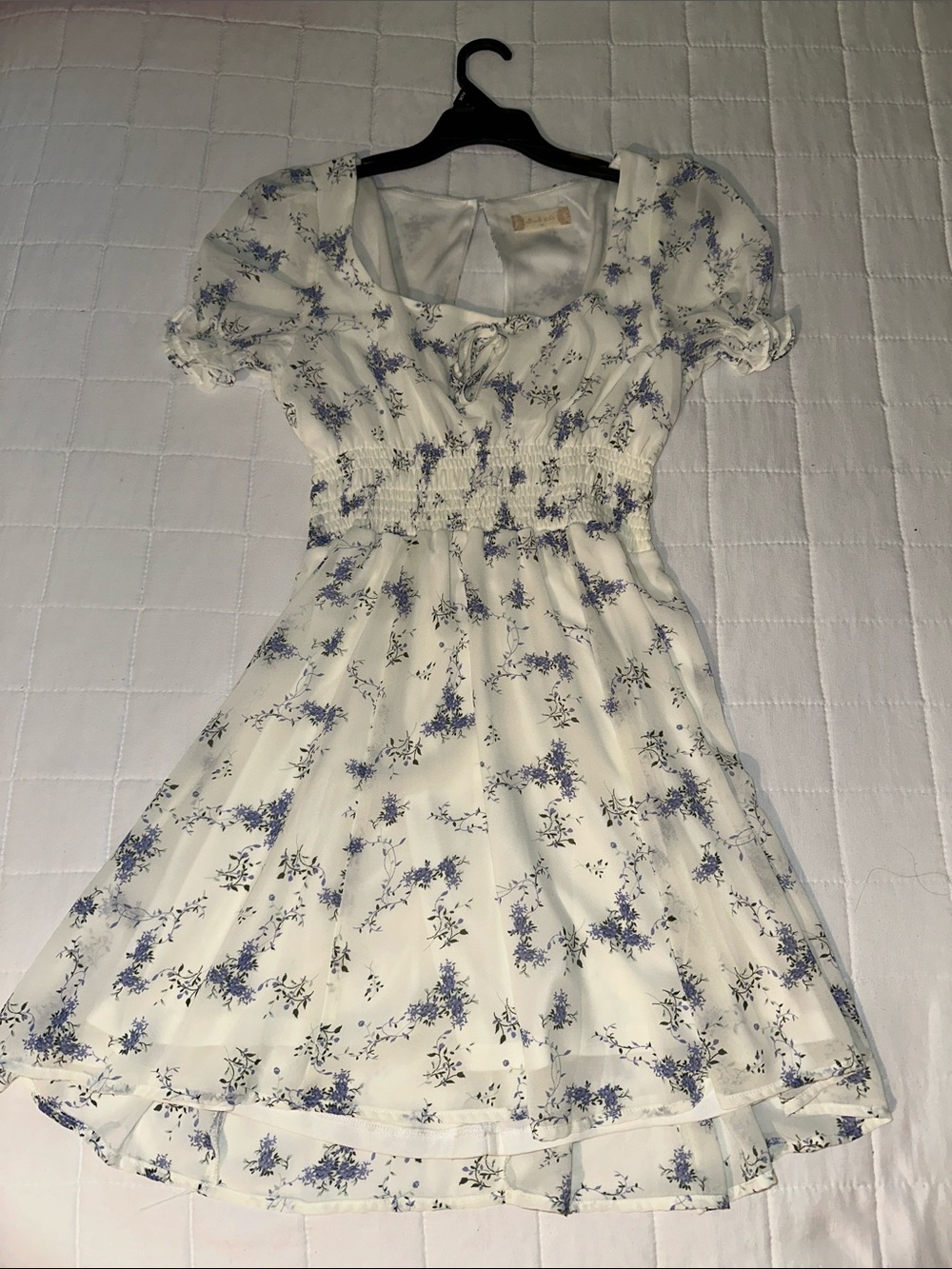Smocked Waist White Mini Dress with Blue Floral Print